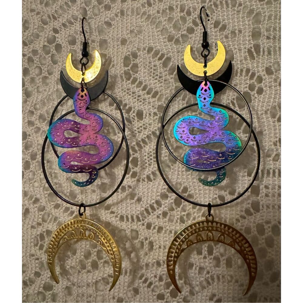 Golden Snake Moon Earrings